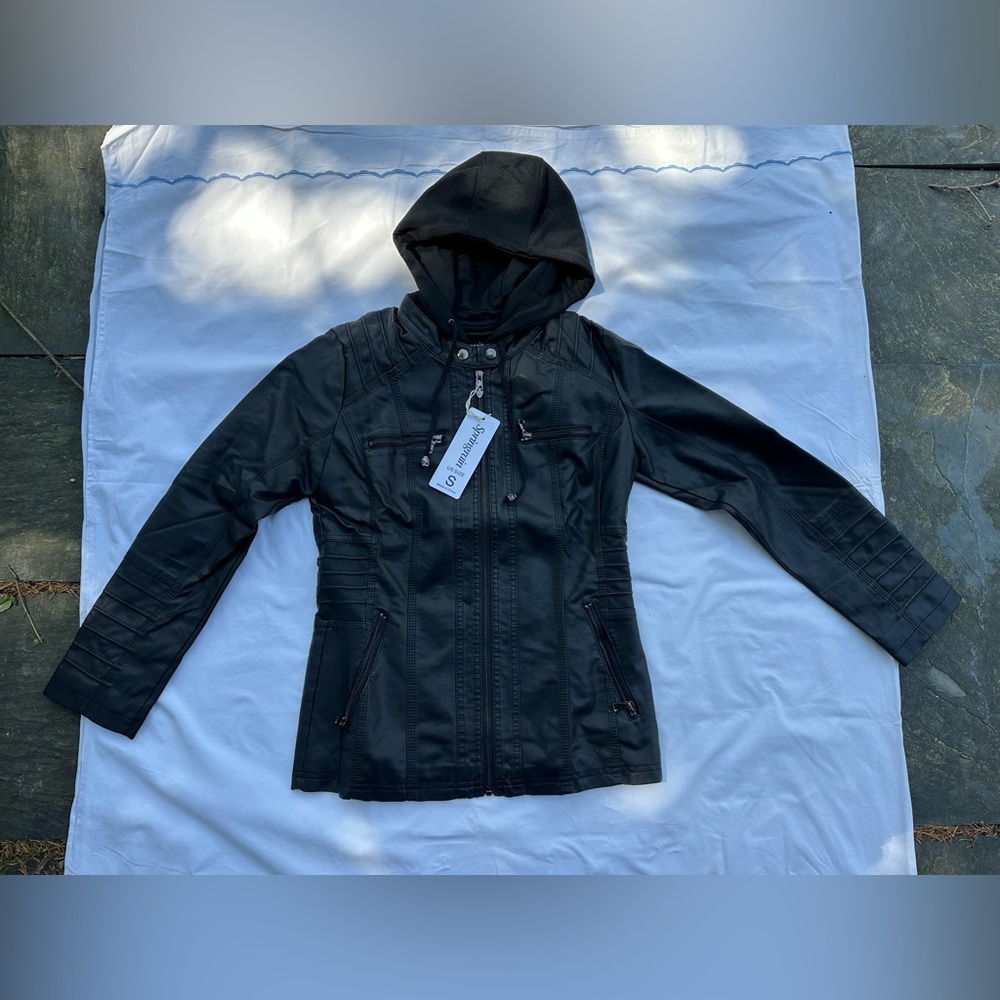 Sleek Black Leather Jacket with Hood and Zipper